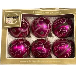 Larissa 6 Christmas Tree Ornaments Pink Glitter Swirl Design West Germany